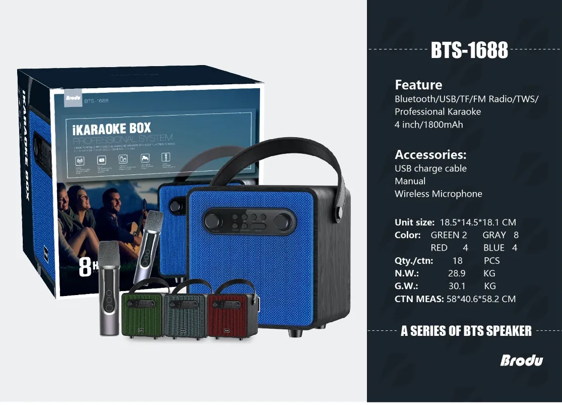 BTS-1688 Rechargeable Wireless Radios Am Fm Stereo Subwoofer portable mini Karaoke speaker Wireless Microphone Speaker. 