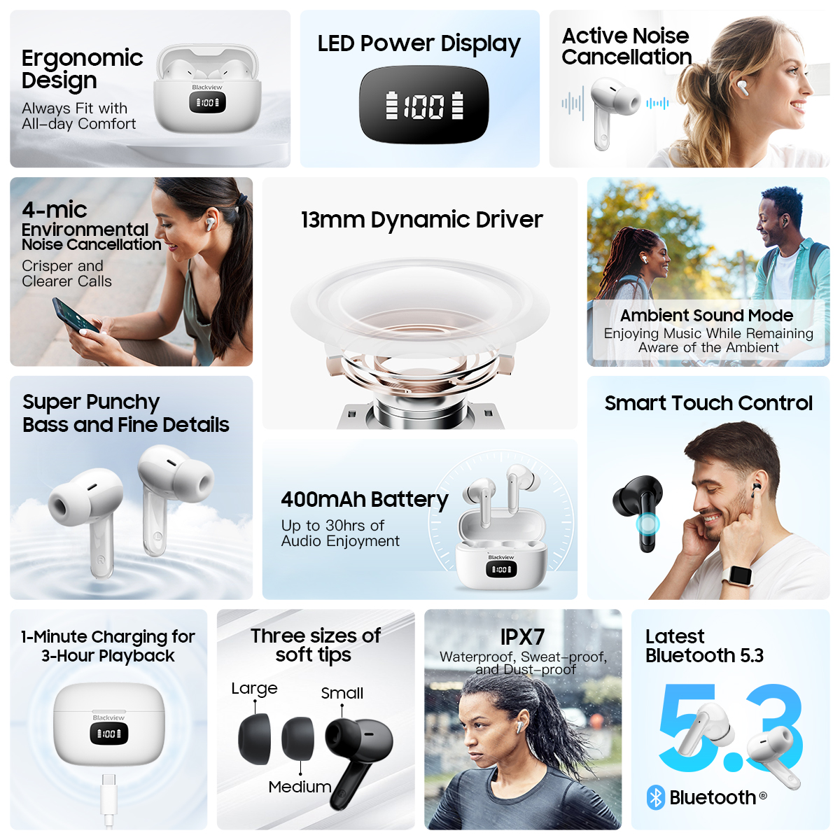 Blackview AirBuds 8 Bluetooth 5.3 Headset TWS Wireless Earphones Touch Control Headphone With Microphone Heasets. 
