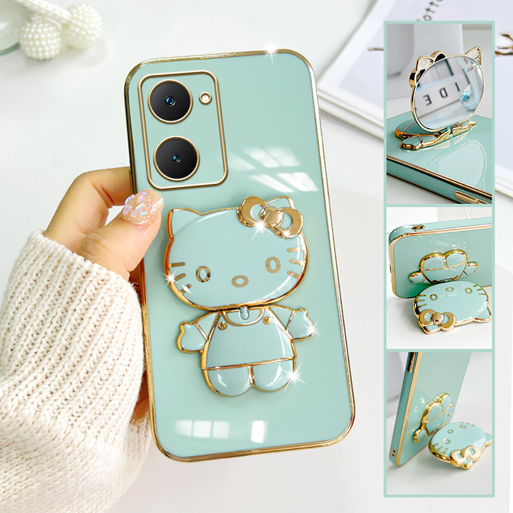 TA for Vivo Y03 Y18 Y18E Y28S 5G Back Cover Back Cover Hello Kitty Mirror Folding Bracket Luxury Plating Case Soft Silicone Square Phone Case for Girls