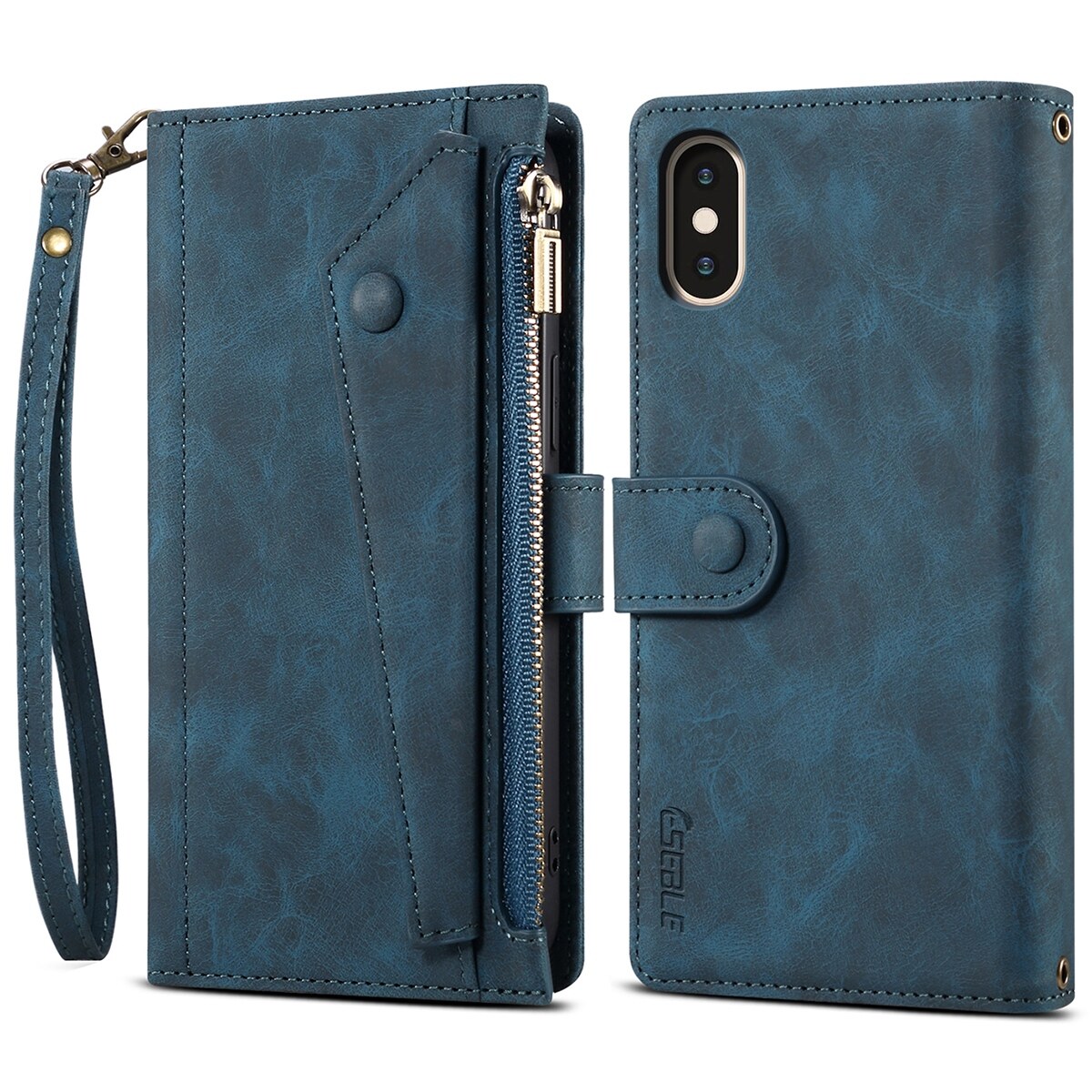 xprmy for iPhone X / iPhone XS Vintage Leather Cover Flip Wallet Case Card Slots Zipper Pocket Handbag with Hand Strap
