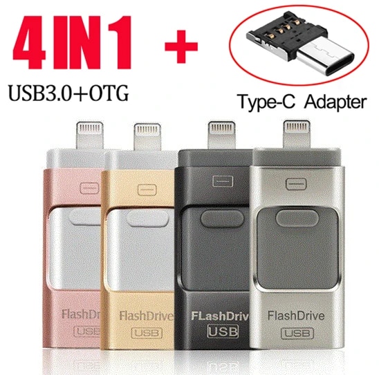 Usb Flash Drive For iPhone iPad Android Phone External Storage 128GB Lightning android USB 4 IN 1 Pendrive Gift Usb Stick