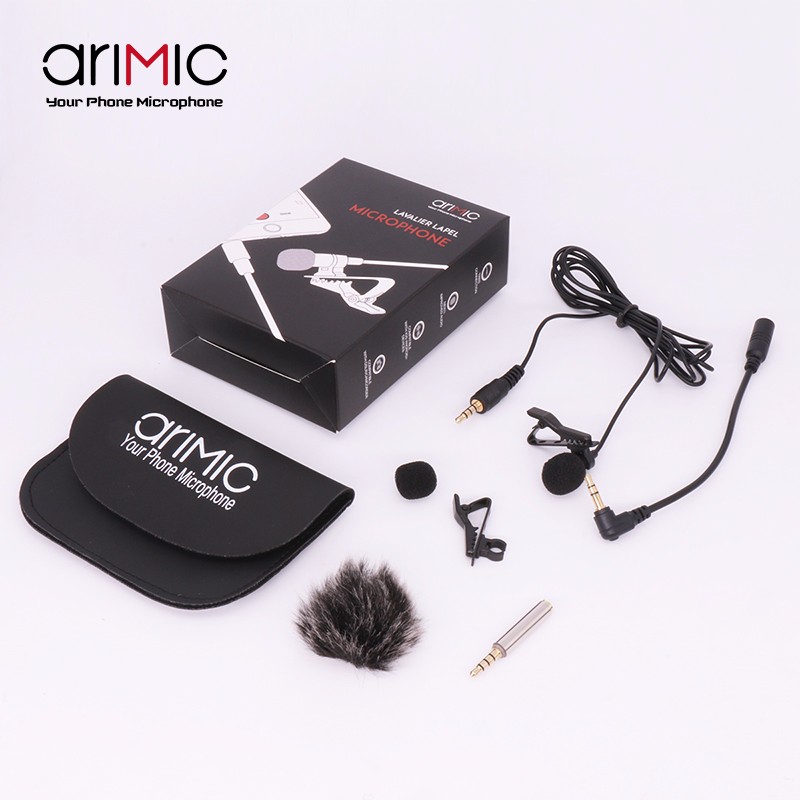 Arimic Lavalier Lapel Clip-on Omnidirectional Condenser Microphone Kit with cable adapter & windshield for iPhone Samsung. 