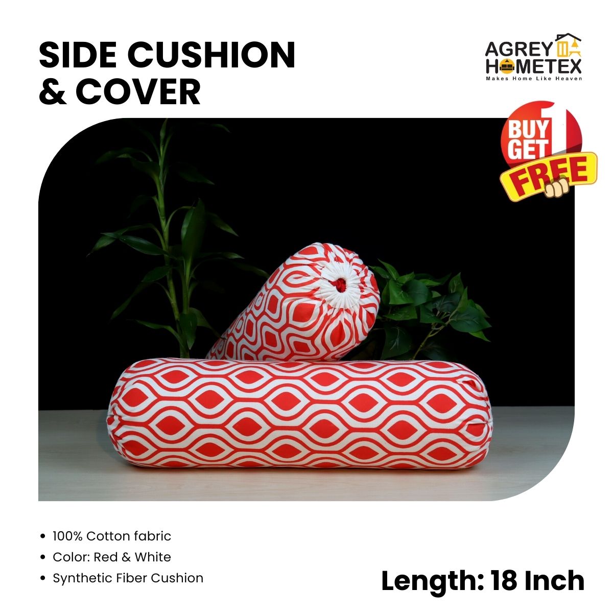Side Cushion with Cover, Red & White (18"x18")