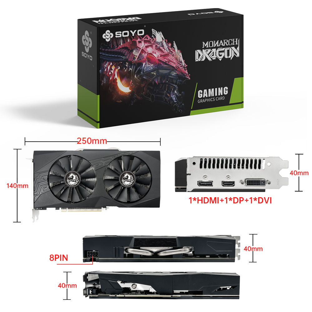 SOYO New AMD Radeon RX580 8GB gaming graphics card GPU 256bit GDDR5 8pin PCIe x16 3.0, suitable for desktop computers Video card. 