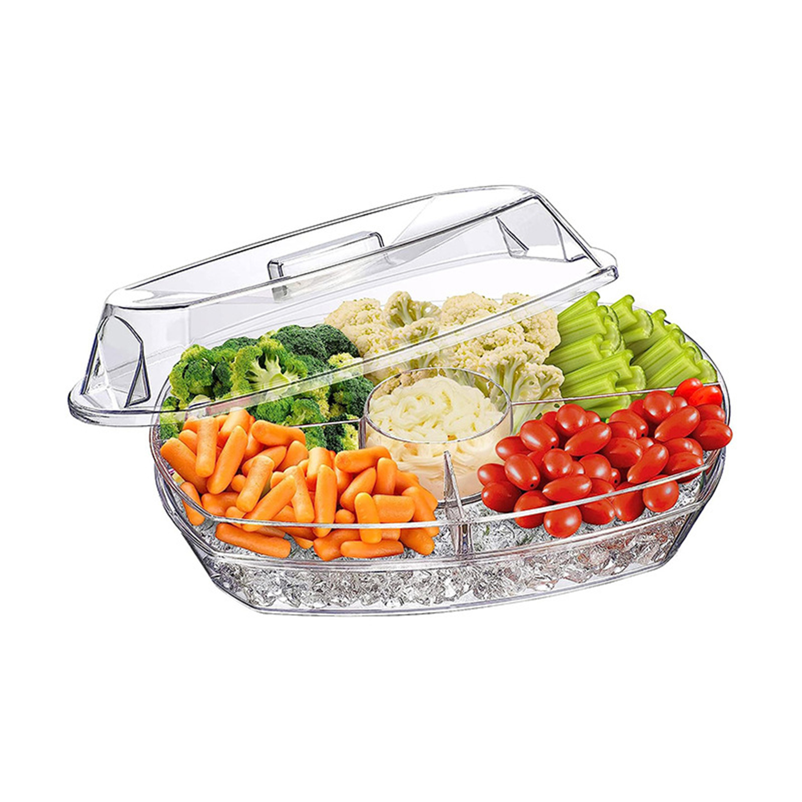 Vividaea Divided Serving Dish 3-tier Party Platter with Ice Chilled Lid Perfect for Weddings Events Clear Serving Tray for Food Fruits Indoor/outdoor Use Elegant Banquet Tray. 
