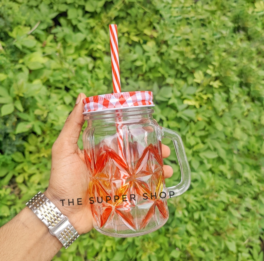 Mason Jar Mugs with Handle, multicolored Lids and Plastic Straws. 