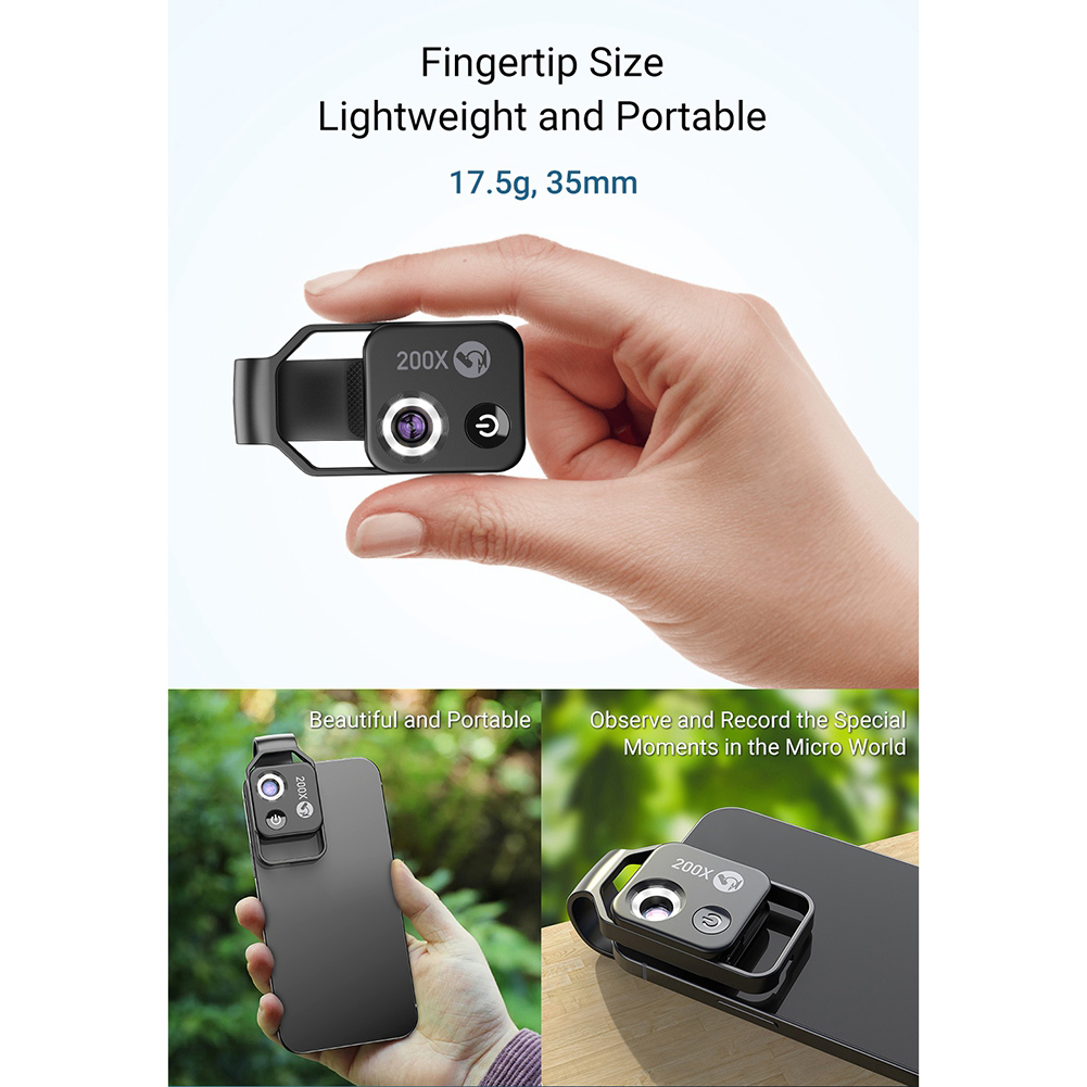 APEXEL 200X Magnification Microscope Lens with CPL Mobile LED Light Mini Pocket Macro Lenses for iPhone All Smartphones black. 