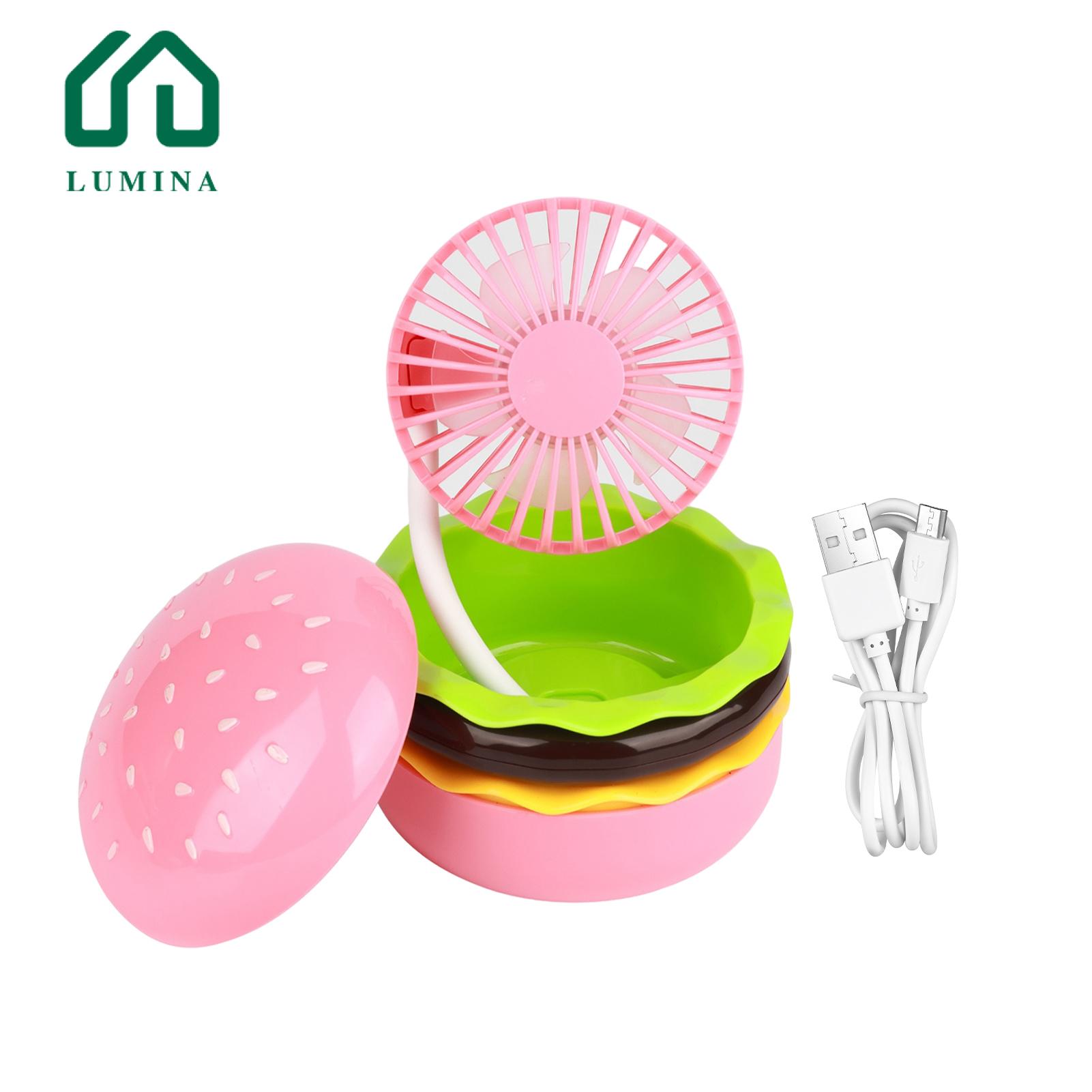 Lumina Small Fan Portable Rechargeable Cooling Fan with Makeup Mirror 3 Speeds Foldable Design Burger Shape Desktop Fan Decorative Ornament Ideal for Rechargeable Fan. 