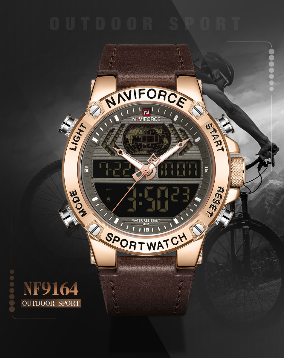 NAVIFORCE NF9164 Dark Brown PU Leather Dual Time Wrist Watch For