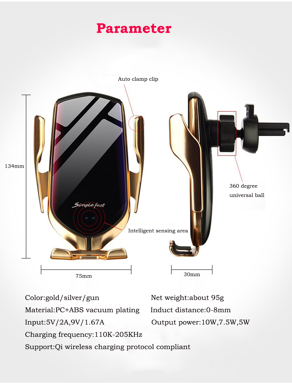3 In 1 Fast Qi Magnetic 10W R2 Automatic Clamping Phone Holder Smart Sensor Cellphone Wireless Car Charger. 