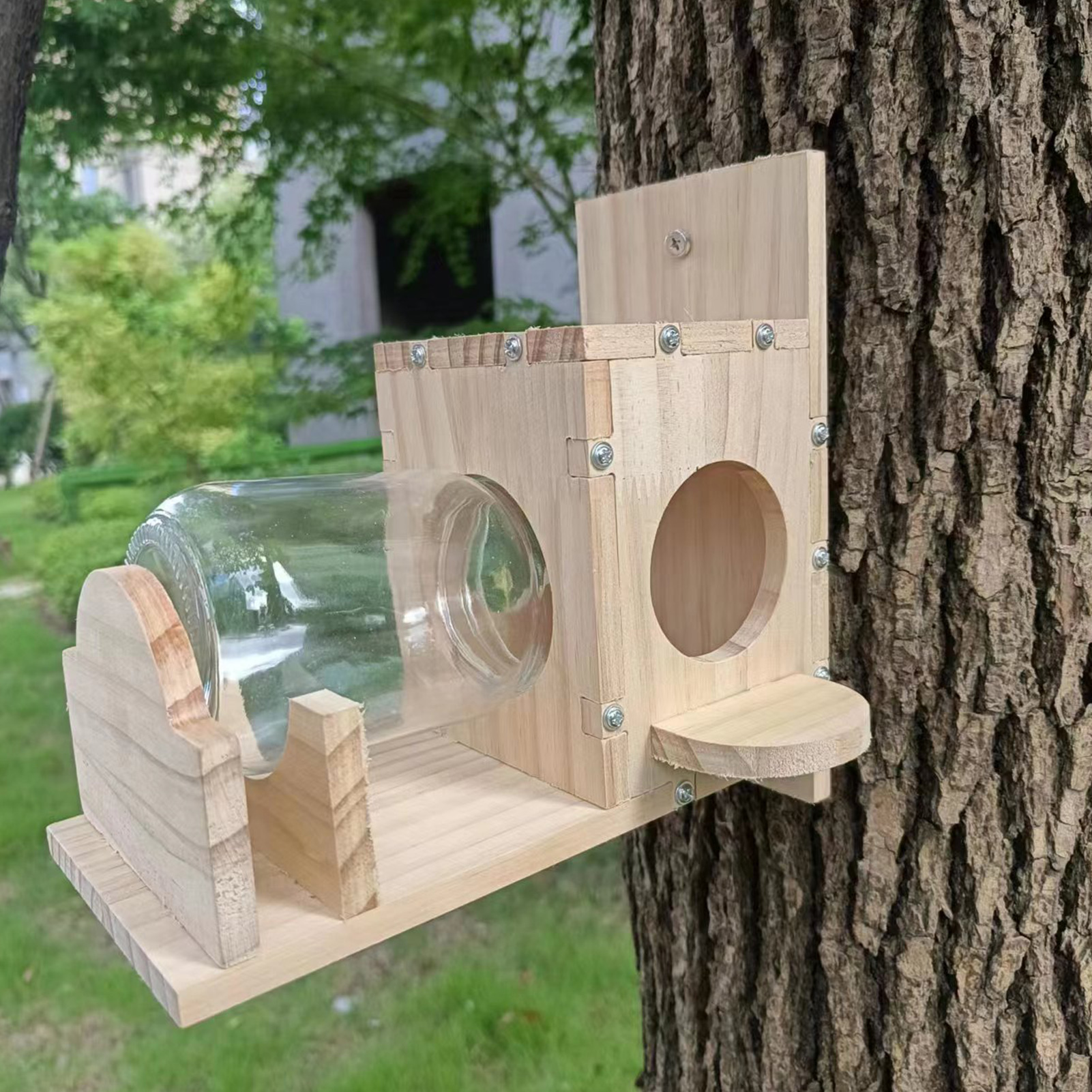 Wooden Squirrel Feeder Premium Glass Squirrel Feeder Easy Refill Weather-proof Garden Device for Outdoor Squirrel Feeding 500ml Capacity Easy Clean Squirrel Feeder. 