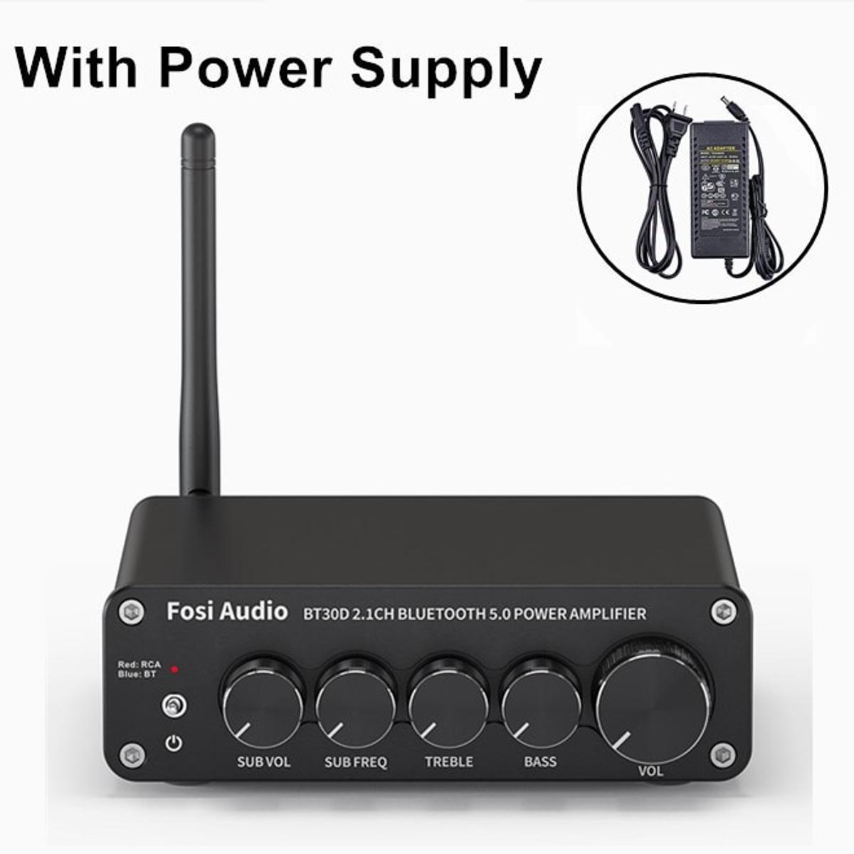 Newest Fosi Audio BT30D Bluetooth Sound Power Amplifier 2.1 Channel Bass & Treble Control Amp Audio Subwoofer 100W + 50W x2 - Black with power