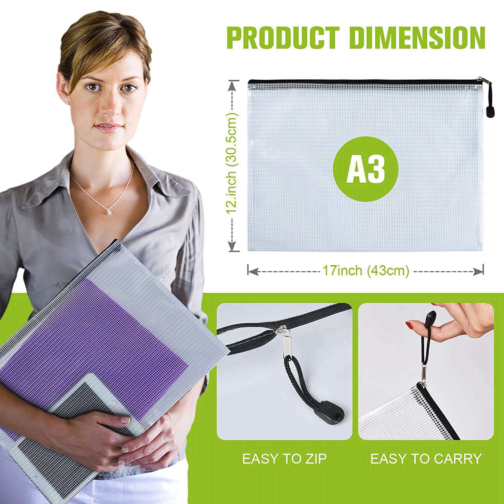 12PCS A3 Folder, Information Zipper Bag Plastic Wallet Mesh File Bag Zipper Bag Zipper Wallet. 