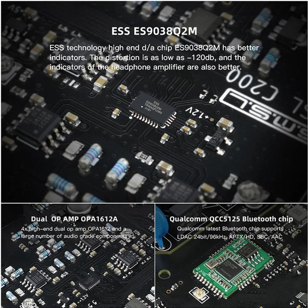 SMSL C200 Bluetooth 5.1 HiFi Headphone USB DAC Amp ES9038Q2M OPA1612A*4 TRS Balanced 4.4mm 6.35mm Output Decoder for airpods. 