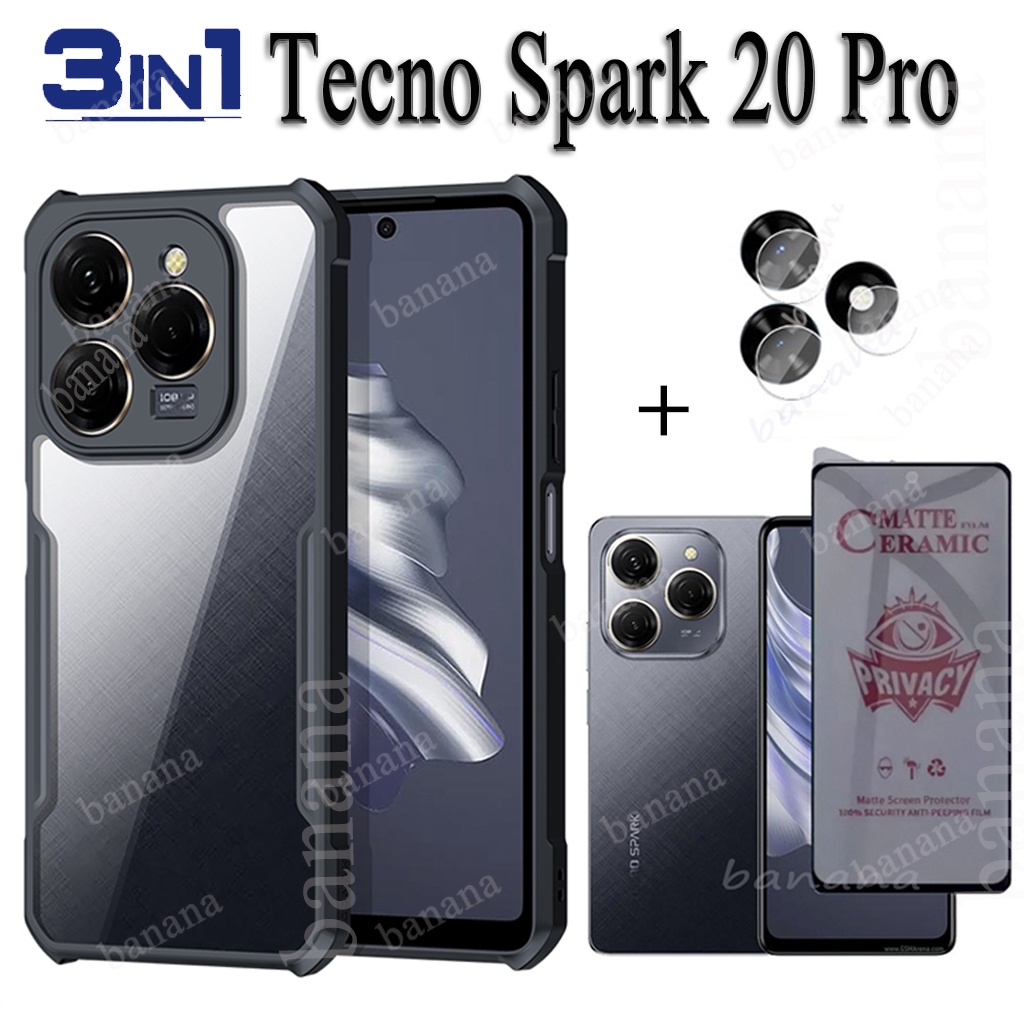 For Tecno Spark 20 Pro Shockproof Phone Case Spark 20C Spark 20 3 in 1 Casing TPU Soft Back Cover and Anti Spy Soft Ceramic Matte Privacy Tempered