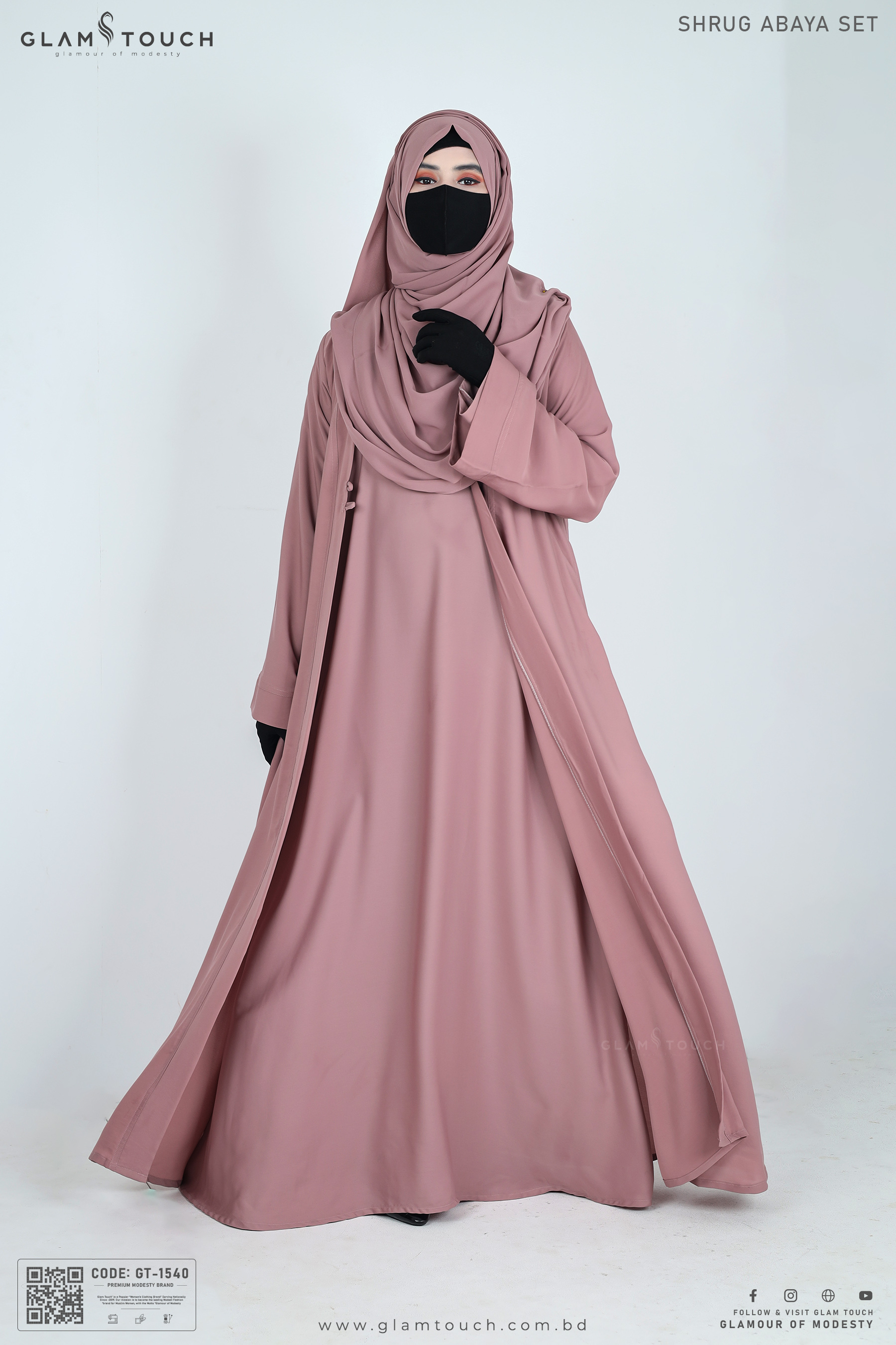 Glam Touch High Quality Solid SHRUG ABAYA SET(Gown + Koti/Kimono + Matching Hijab) Made With Premium Dubai Cherry Fabric for Muslim Women. 