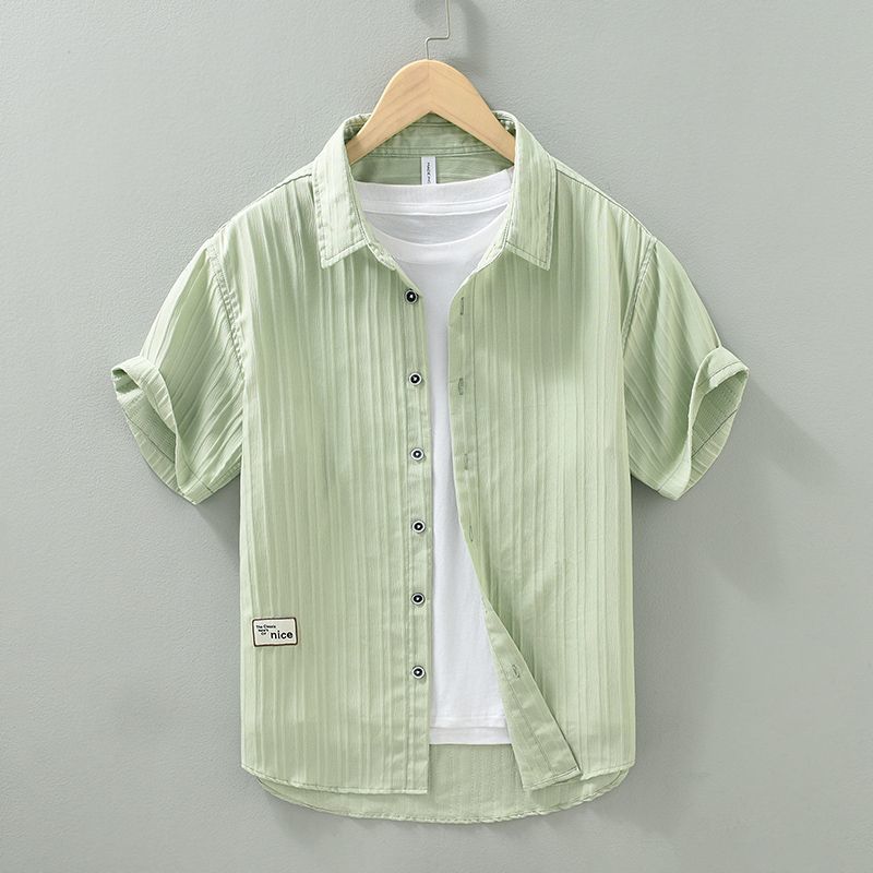 Summer tide men's shirt men's short sleeve thin ice silk non-iron pressed wrinkle texture casual loose cardigan shirt men