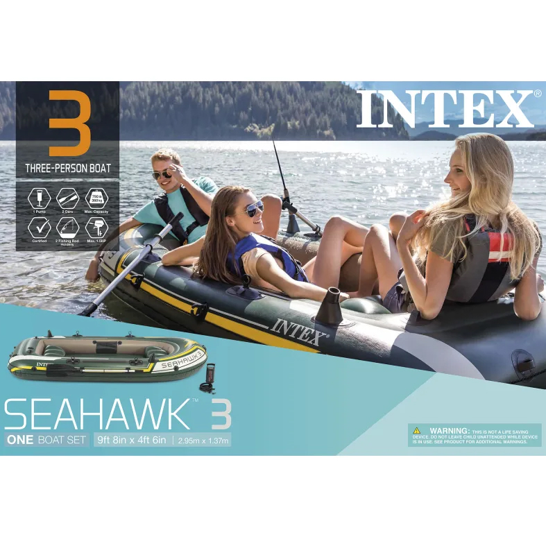 Intex Seahawk 3, 3-Person Inflatable Boat Set with Aluminium Oars and High Output Air Pump (Latest Model). 