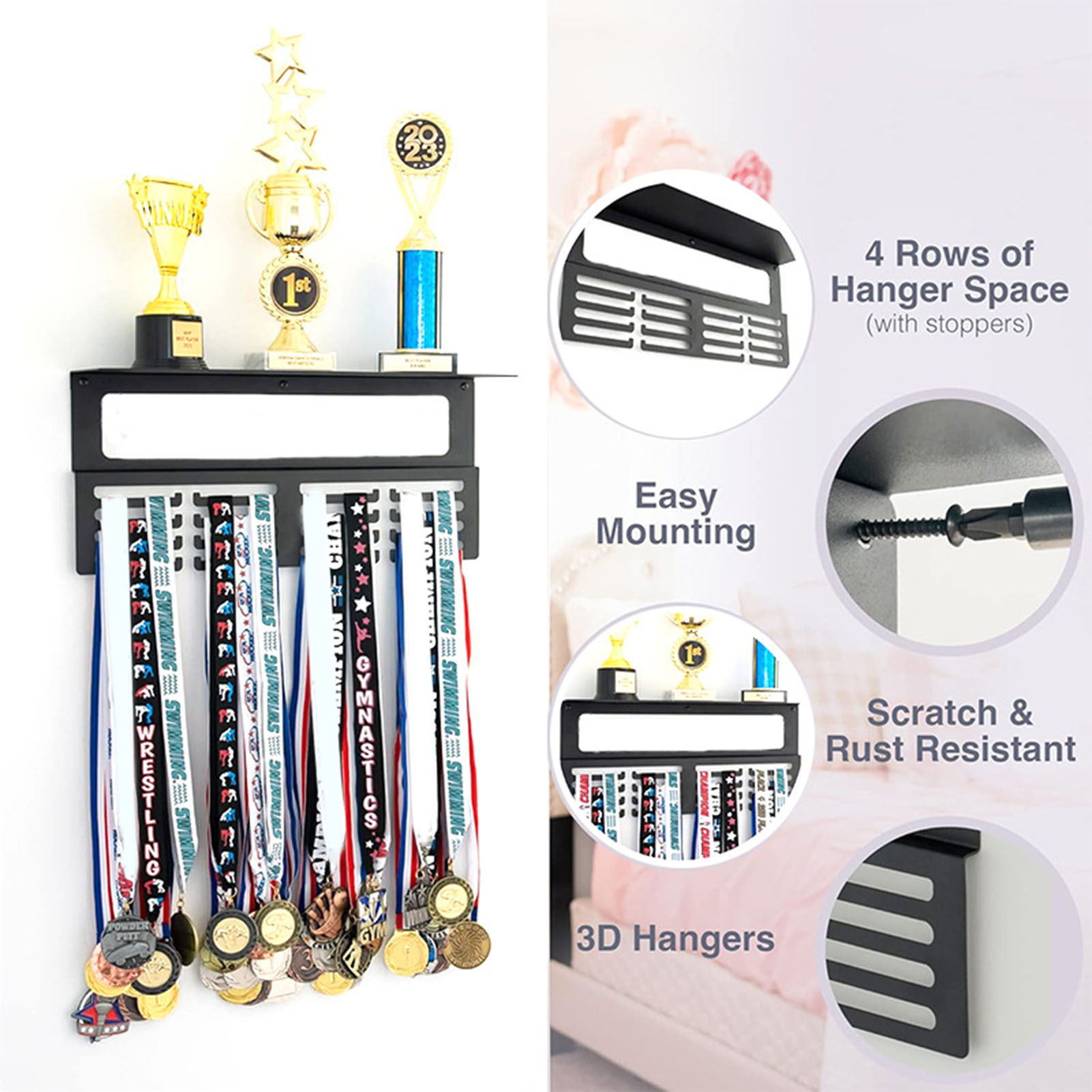 GOIKEA Trophy Display Rack Premium Medal Hanger Display with Trophy Shelf Easy Install Wall-mounted Holder for Awards Trophies Strong Stylish Design Metal Medal Display Stand. 