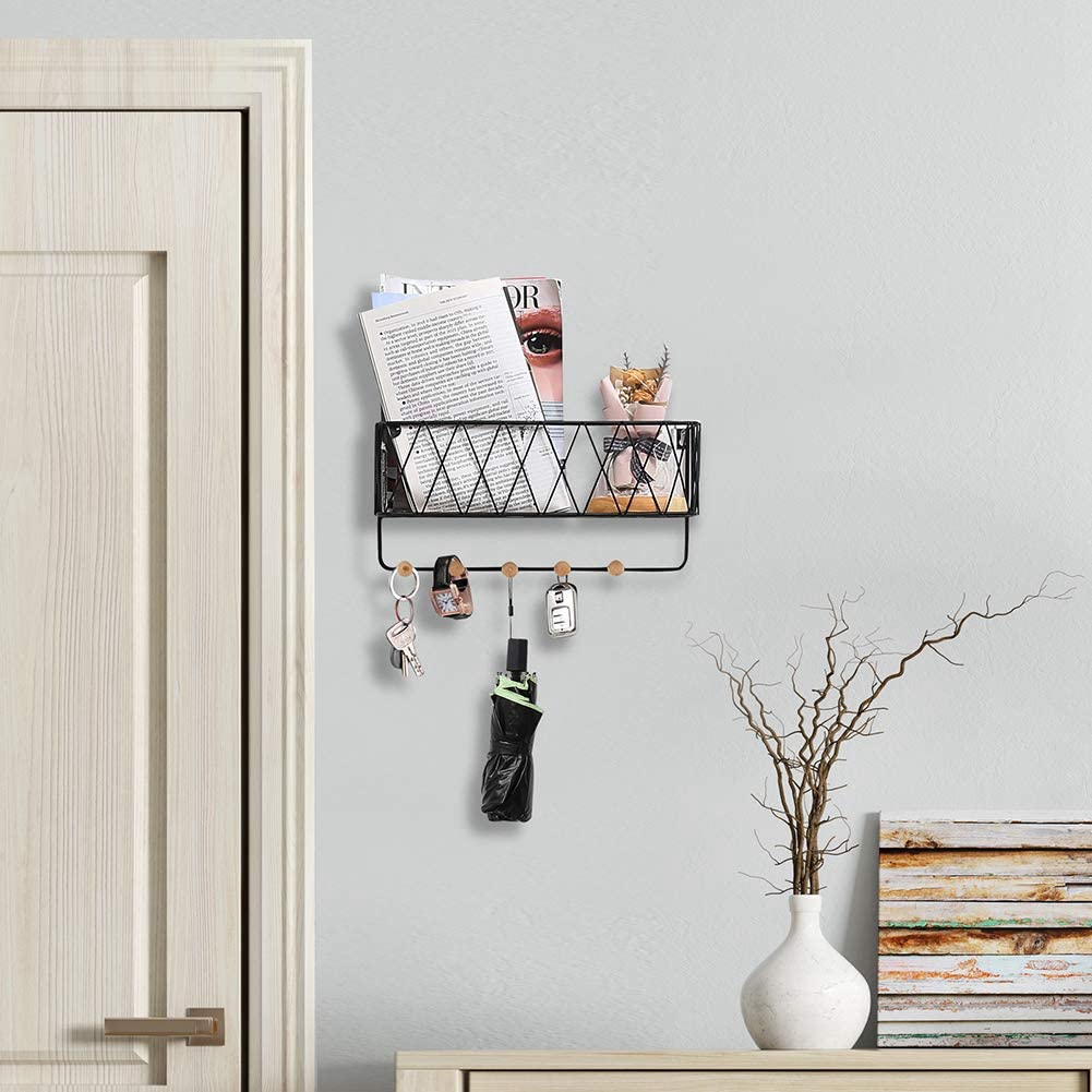 Wall-Mounted Mail Holder with 6 Key Hooks, Wire Mesh Storage Basket. 