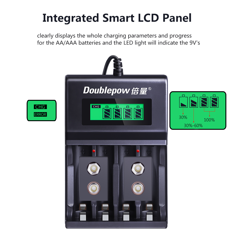 Doublepow UK-95 LED Display Smart Fast Charger with Full Charge Indicator & USB Portable Plug Connector for 1.2V  AA/AAA Size & 9V Rechargeable Ni-MH/Ni-Cd Battery - 1 Piece. 
