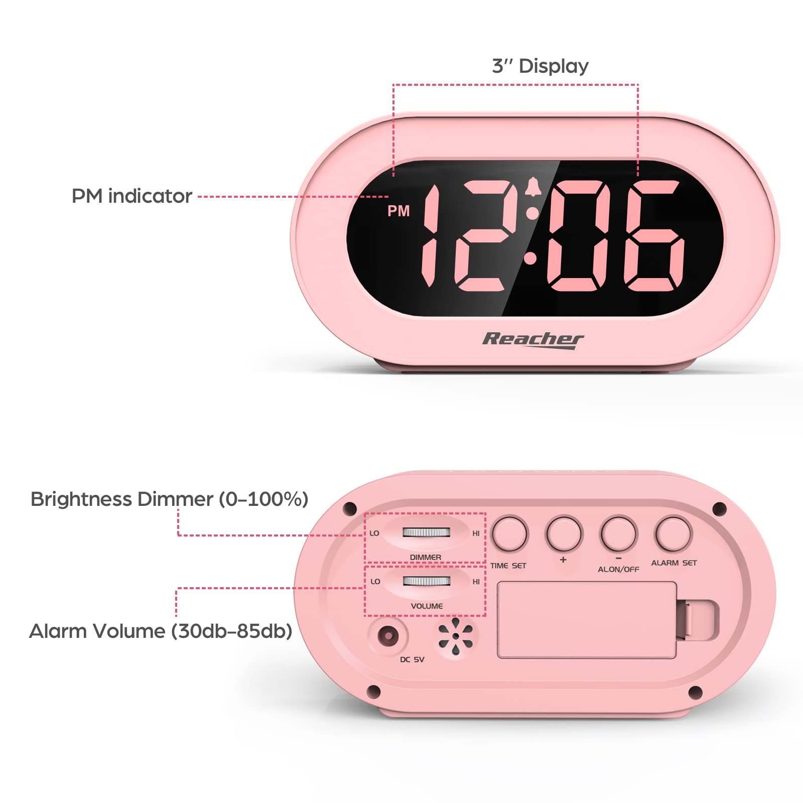 Pink alarm clock for girls for children's bedroom, dimmable digital LED display, powered by outlet, adjustable volume, easy to use, small size - American. 