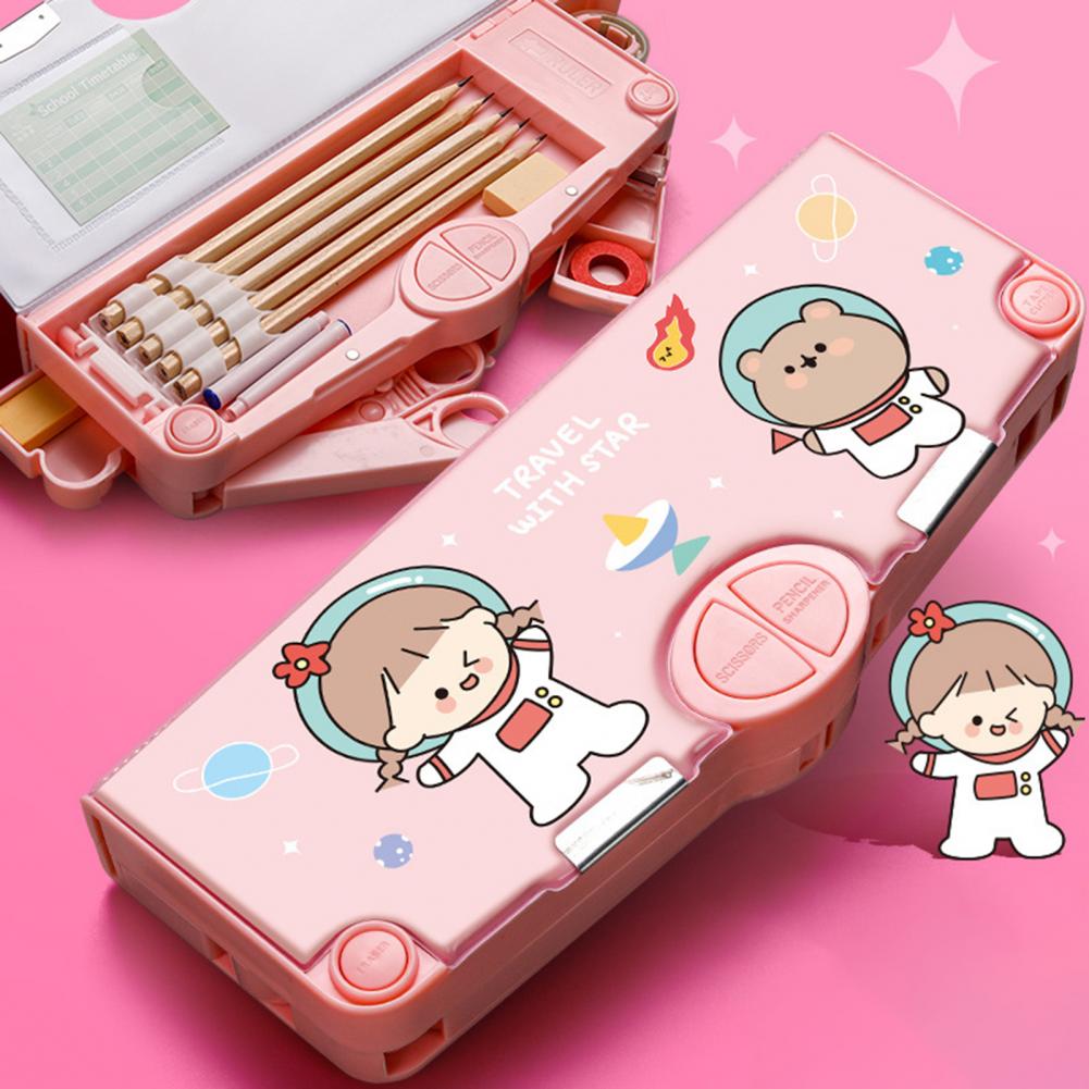 Innovative Pencil Box School Timetable Tidy Name Tag Cartoon Astronaut Pattern Student Double Layer Stationery Holder. 