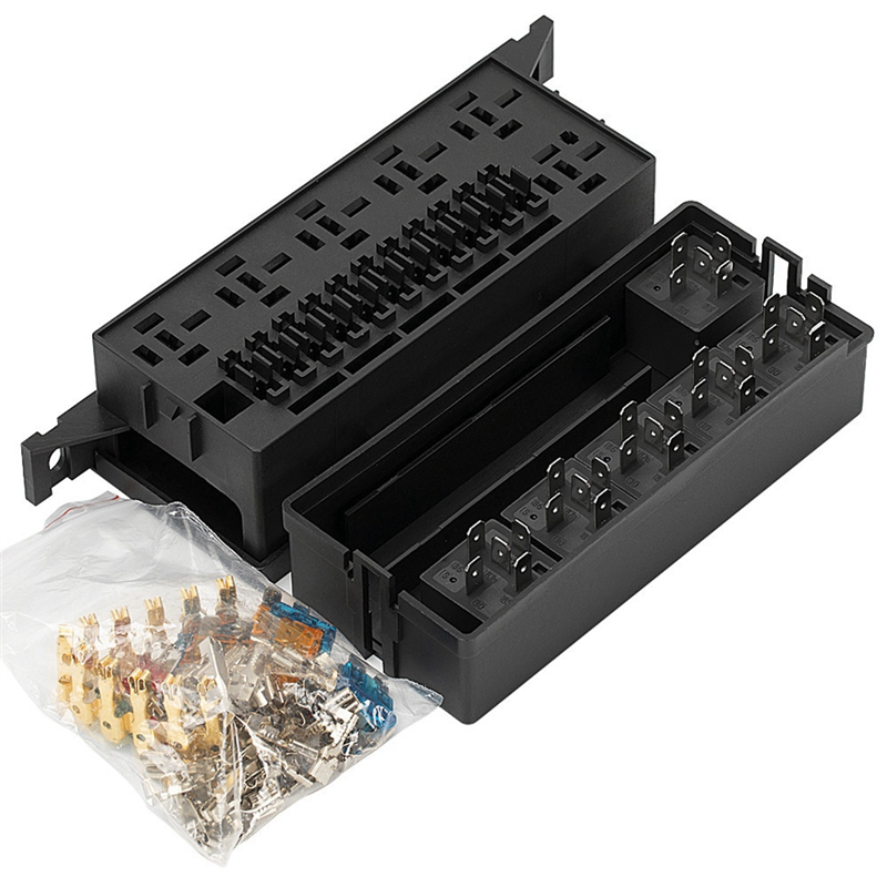 11 Way Relay Fuse Block Holds Universal Waterproof Fuse Relay Box with 6 Relays and Metallic Pins Terminal. 