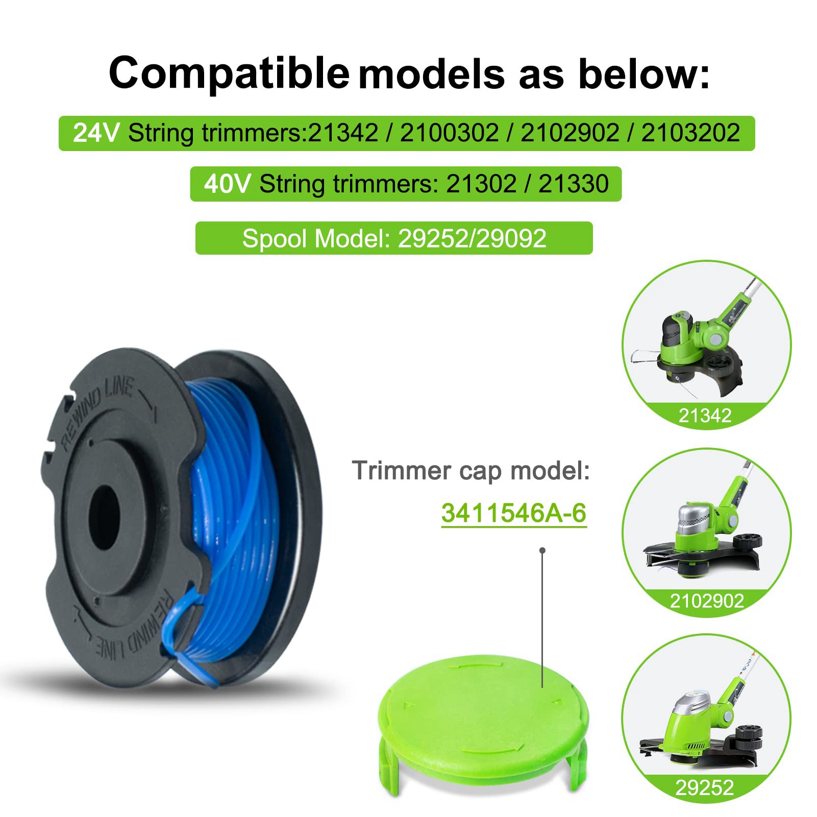 JAERBEE 29092 String Trimmer Replacement Spool 29252 for Greenworks 24V 40V 80V Weed Eater Cordless Trimmer (8 Spools, 1 Caps). 