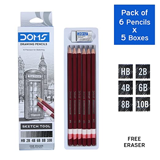 DOMS DRAWING & SKETCH PENCIL SET - HB 2B 4B 6B 8B 10B & ERASER. 