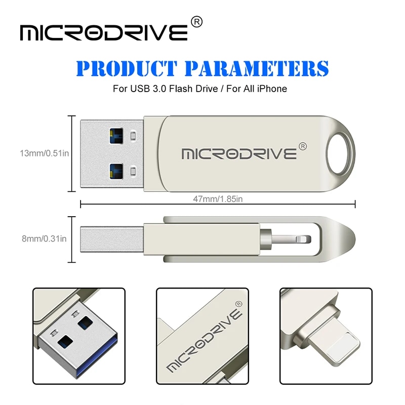 Usb 3.0 Flash Drive for iPhone with 2 in 1 USB-A to lightning interface usb3.0 pendrive for Iphone7/8//11/12/13 /14/ for Ipad. 