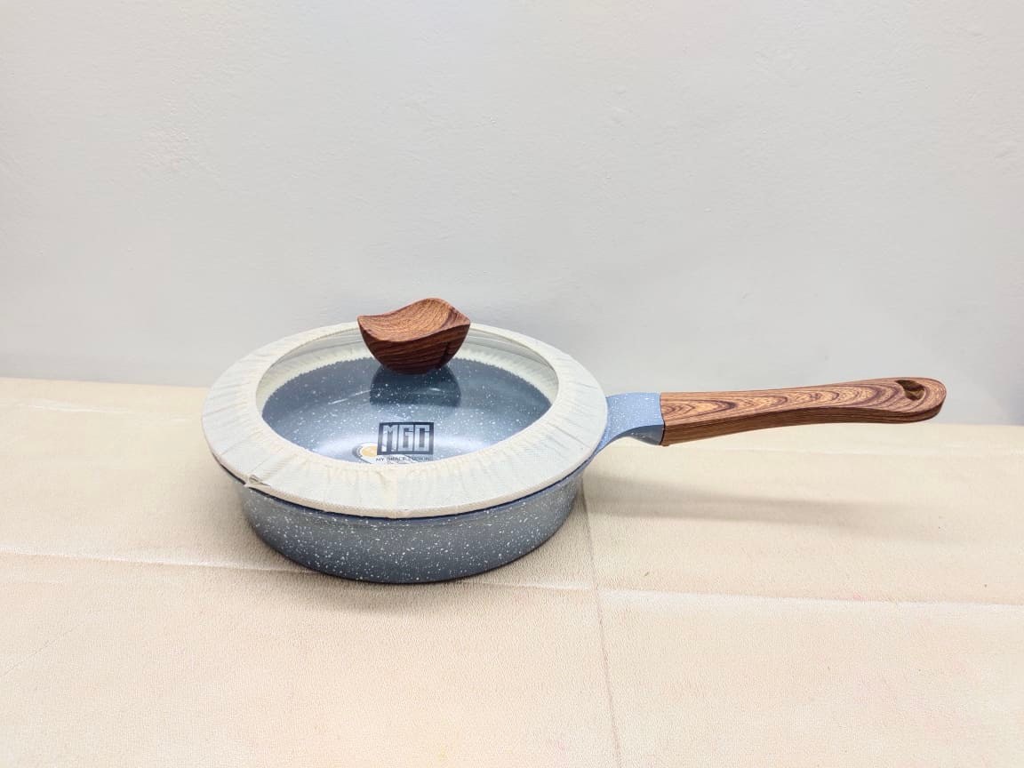 Mgc Marble Granite Non-Stick Anti Scratch Frying Pan 24Cm With Lid & Wood Handle. Deep Fry Pan With Glass Lid. C:P500. 