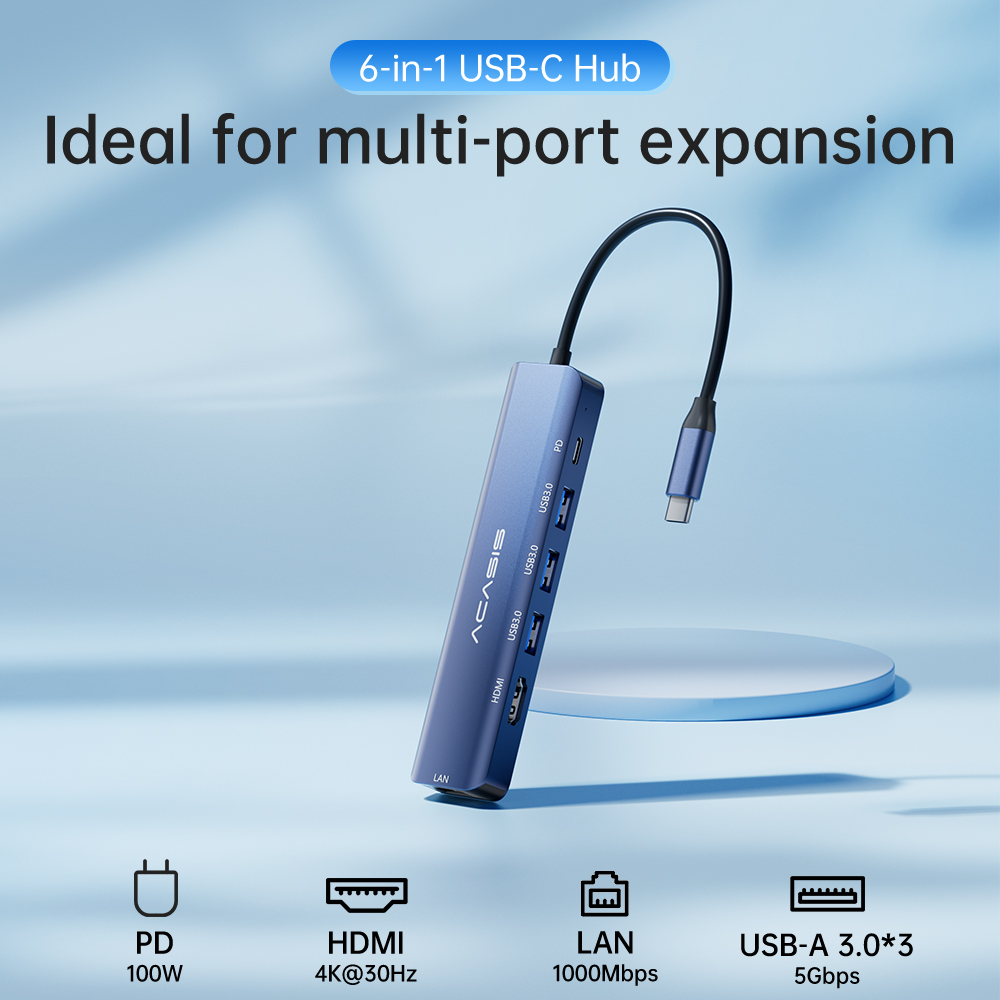 ACASIS USB C Docking Station, 6-in-1 Hub Dual Display Adapter with HDMI, 100W PD, 3*USB3.0, Ethernet Ports. .Wide Compatibility. 