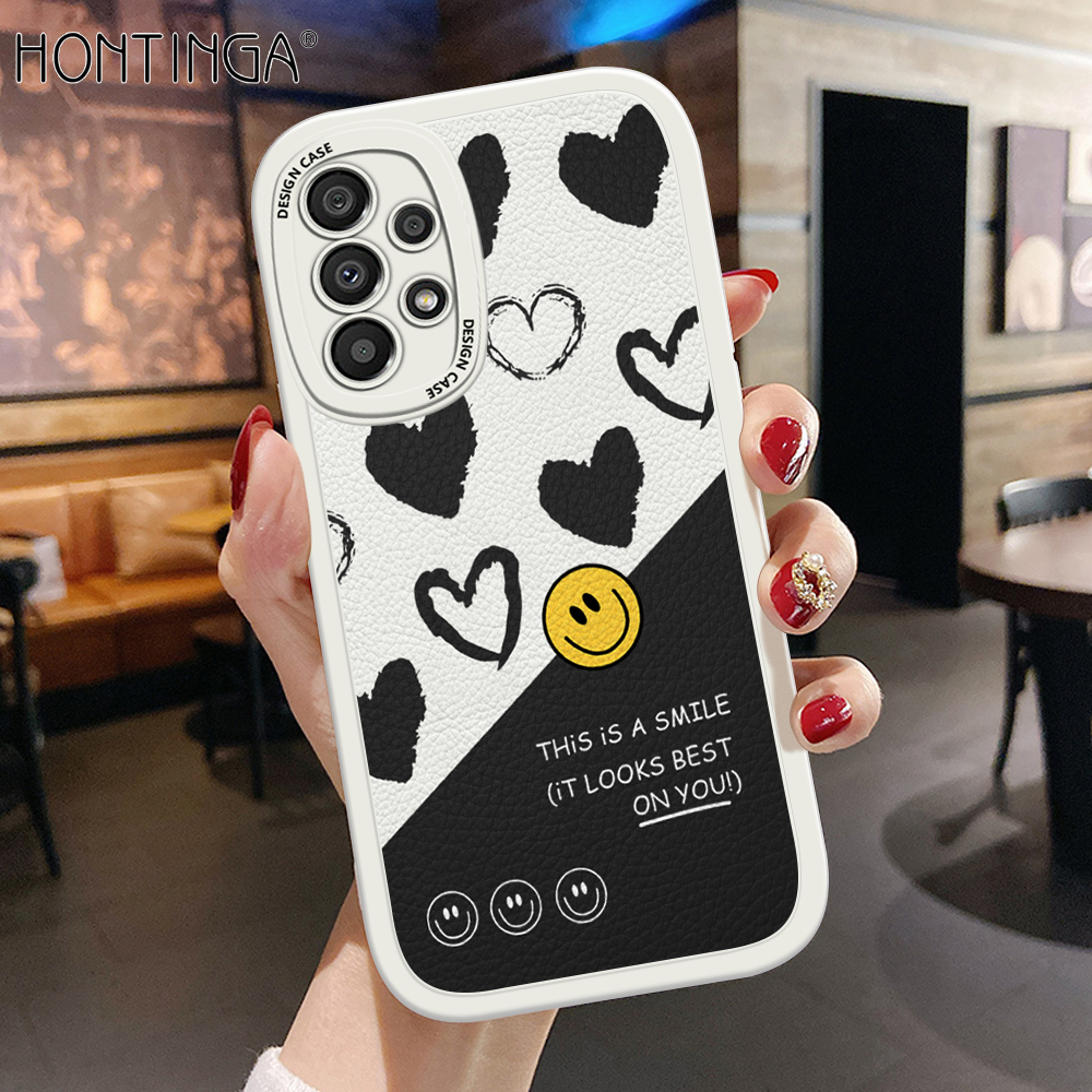 Hontinga for Samsung Galaxy A53 5G Back Cover PU Leather Cartoon Heart Smile Case Soft Silicone Edge Phone Cases