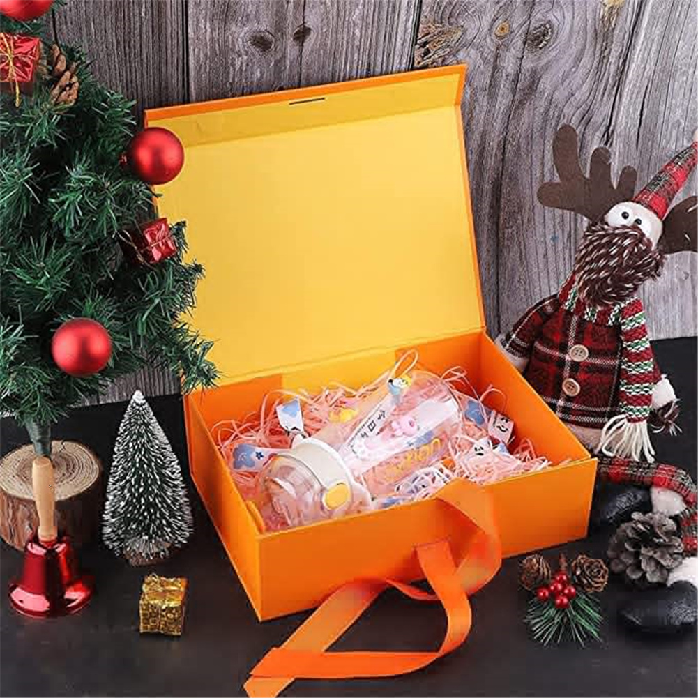 GC Strong Cardboard Folding Gift  Box With Magnetic Buckle Ribbon Exquisite Solid Color Clamshell Present Packaging Tools (27x19x8cm) specification:Black. 