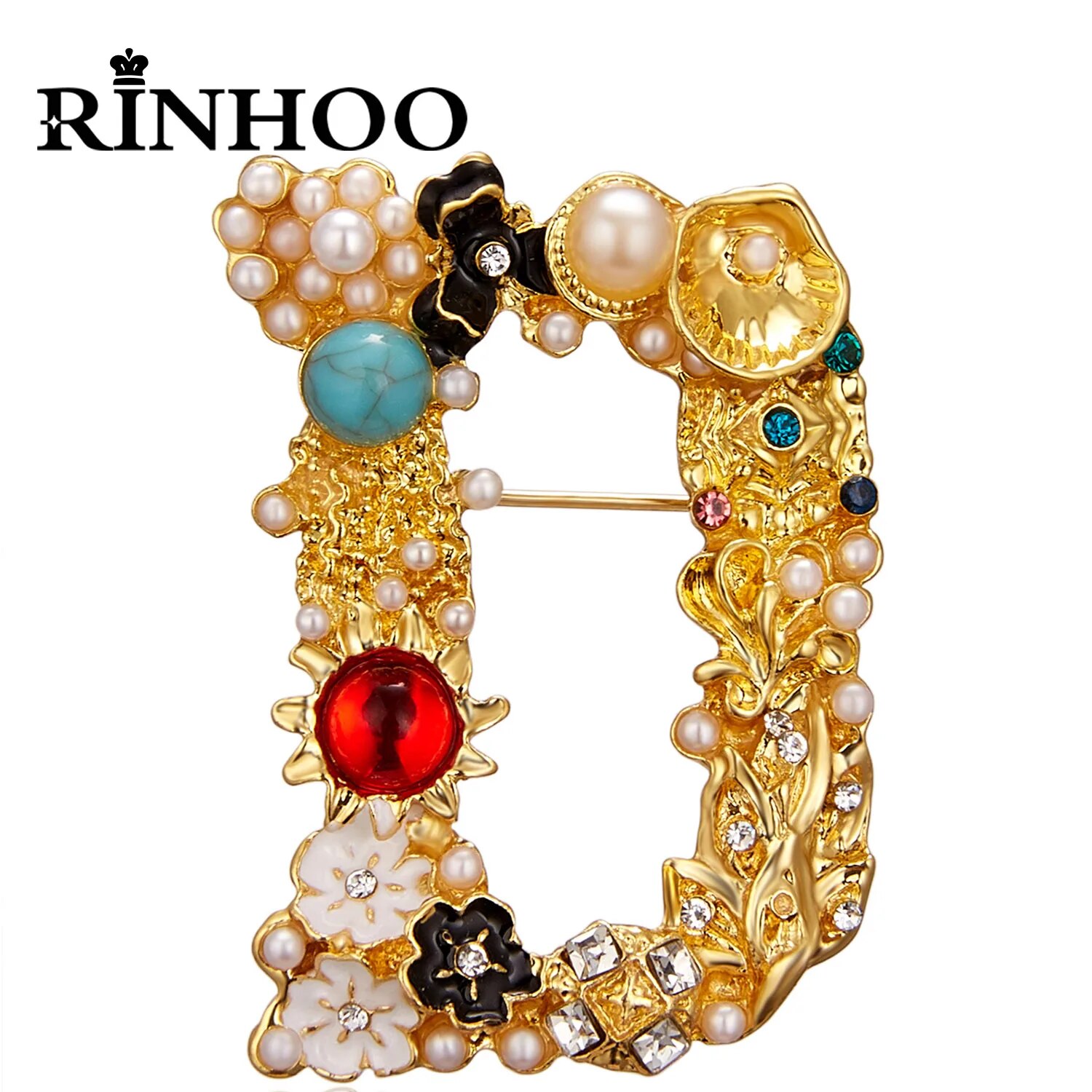 Rinhoo Unique Design Initial Name A D G M S Letters Brooches Women Baroque Imitation Pearl Crystal English Alphabet Pins Jewelry