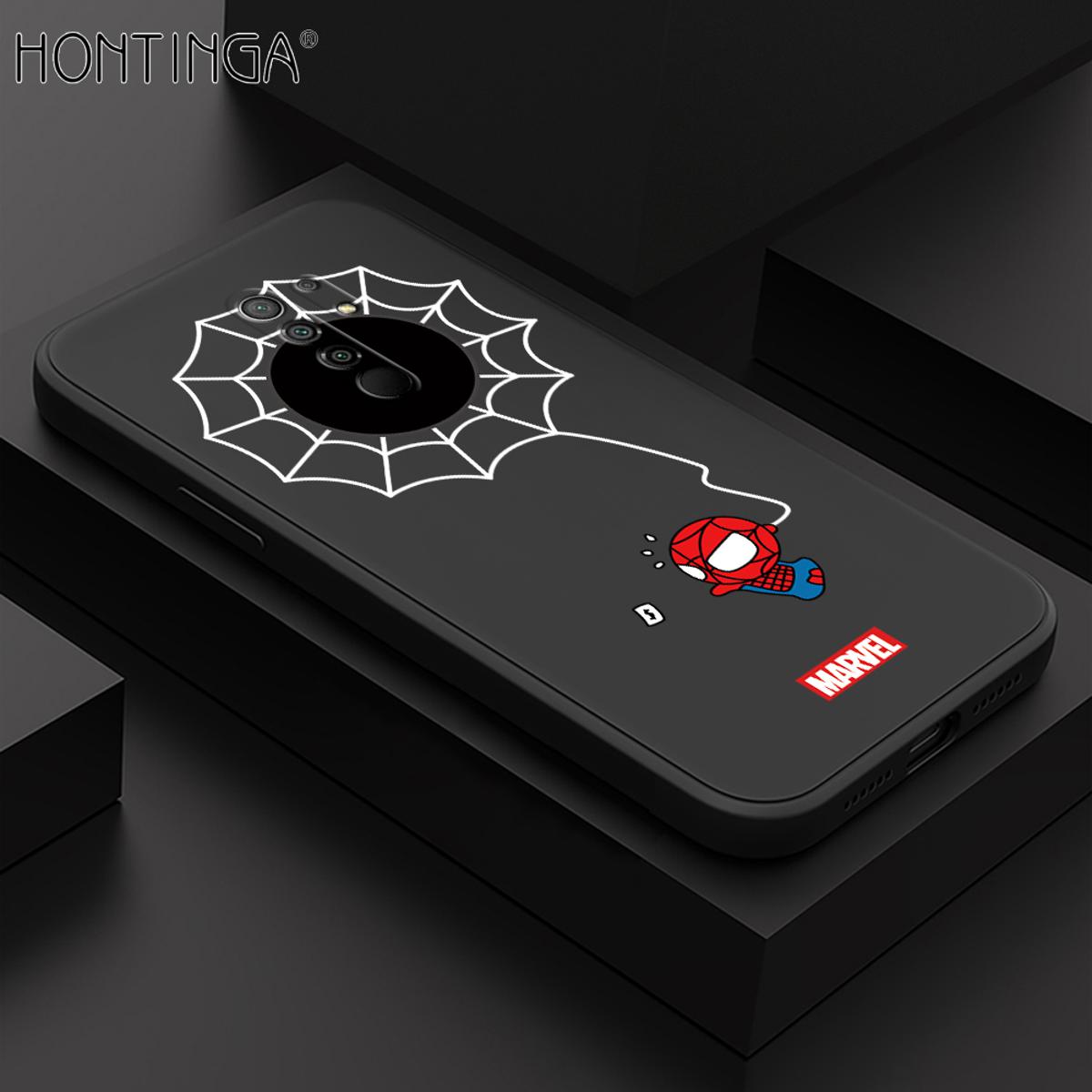 Hontinga for Redmi 9 Xiaomi Poco M2 Back Cover Cartoon Spiderman Design Soft Phone Case Square Edge Liquid Silicone Cases
