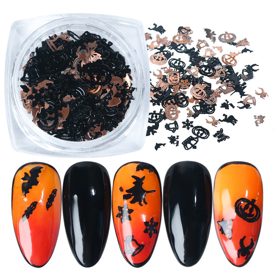 【happy one】1box Black Witch Spider Metallic Paillete Nail Art Decorations Halloween Gold Nail Charm Jewelry Metal Slice Tips LY1034. 