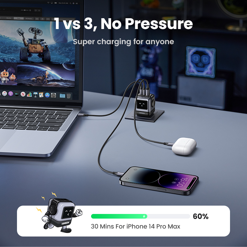【Uno 65W GaN】UGREEN Uno Robot 65W USB C Charger 65W Mini Nexode Robot 3 Ports GaN Fast Adapter Wall Charger For iPhone 16 15 Max Pro Samsung Galaxy S24+ S24 Ultra/A Tecon Infinix  Note 30 Pro Itel P40+ Realme 8 Pro Galaxy AI Xiaomi 15 14 Pro Redmi K70 60. 