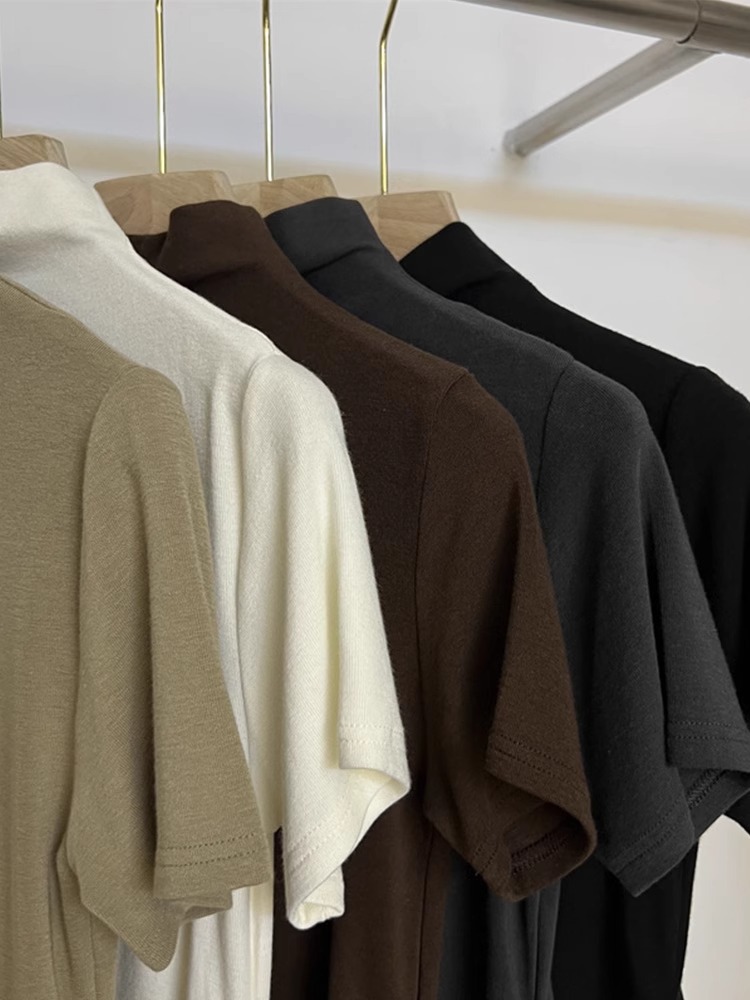 Modal Rayon Pleated Waist Tight Half Turtleneck Short Sleeve on Both Sides T Women's Short T-shirt. 
