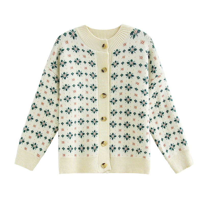 Korean Style Autumn and Winter New Small Floral Contrast Color Knitted Cardigan Outerwear Loose and Lazy Style All-Matching Graceful Sweater Coat. 