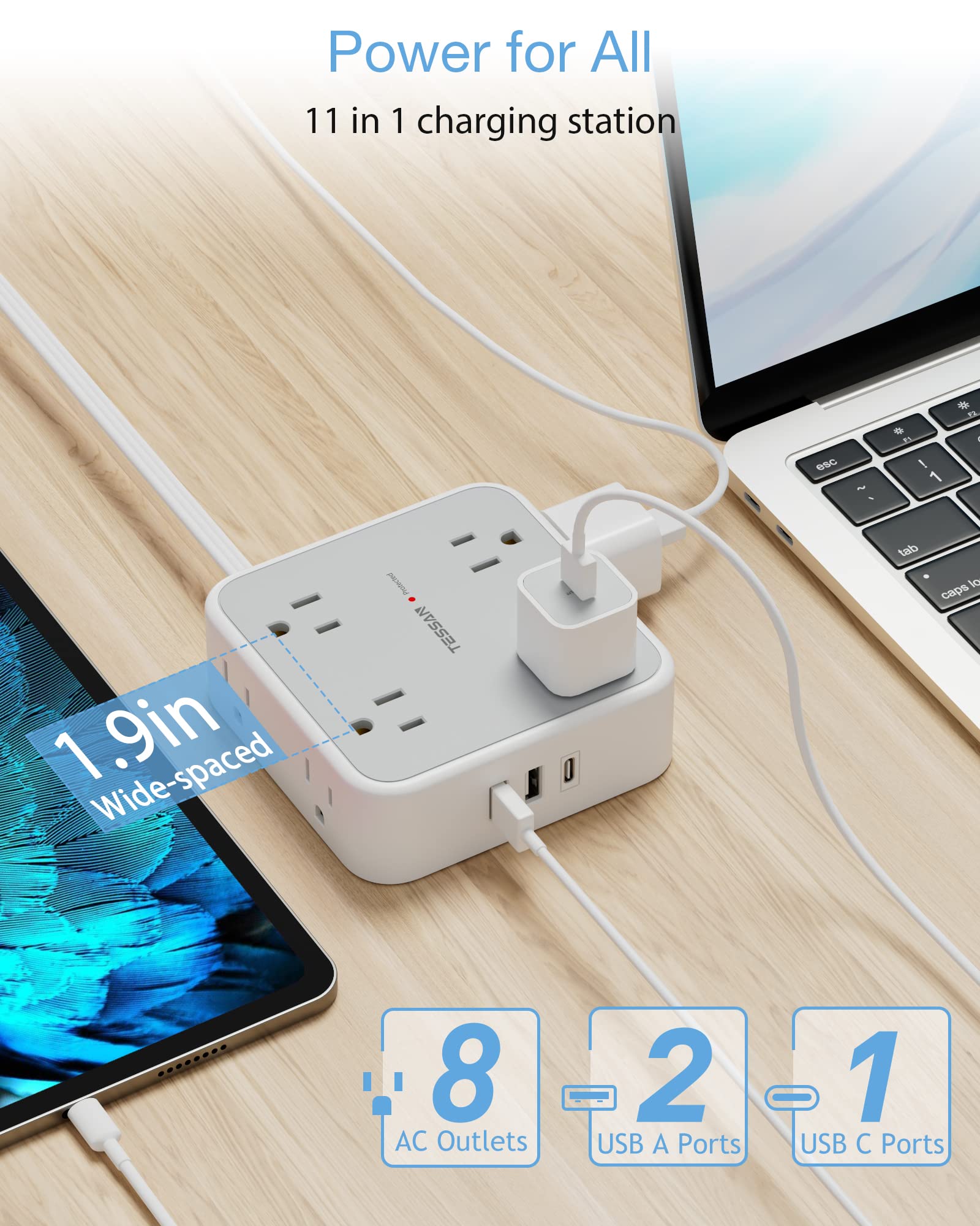 TESSAN 5 ft/10 ft Flat Extension Cord Flat Plug Power Strip with 8 AC Outlets 3 USB (1 USB C), Surge Protector Power Strip. 