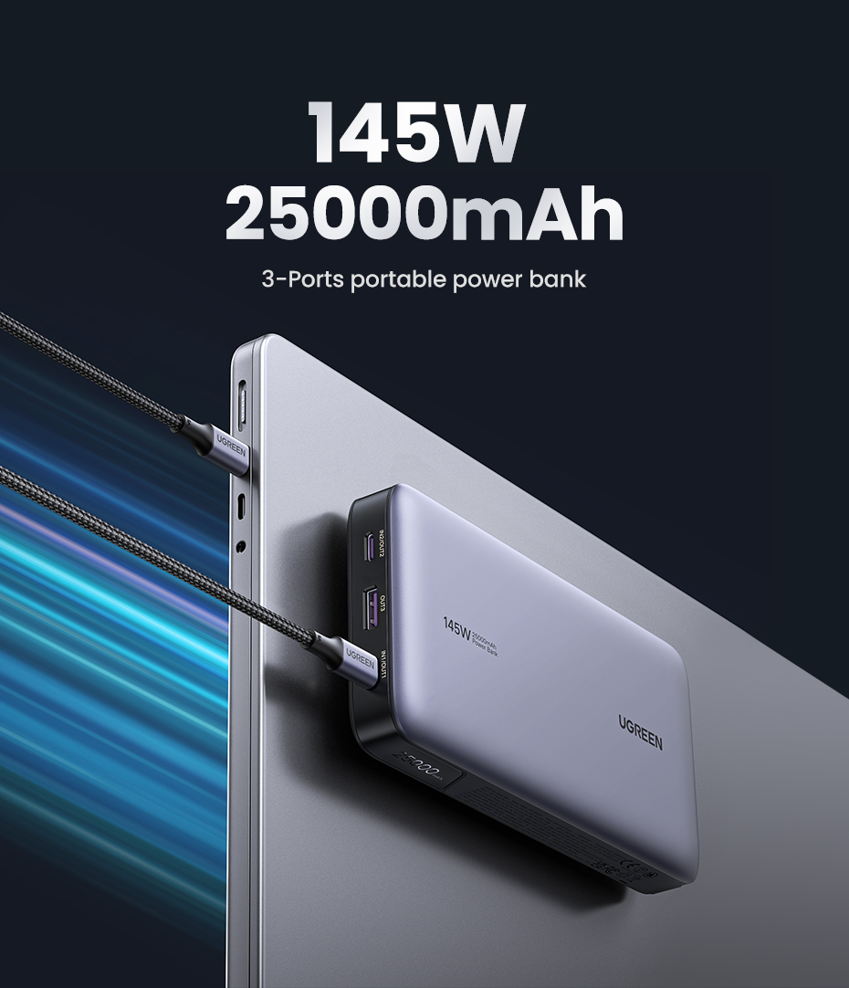 UGREEN PB205 (90597A) 25000mAh 145W Fast Charging Power Bank - Grey - UGREEN Two-way Fast Charging Power Bank - Lightning-fast PD 3.1 and QC 3.0 technologies for rapid charging -  Total Output: 145W - Battery Capacity: 25000mAh. 