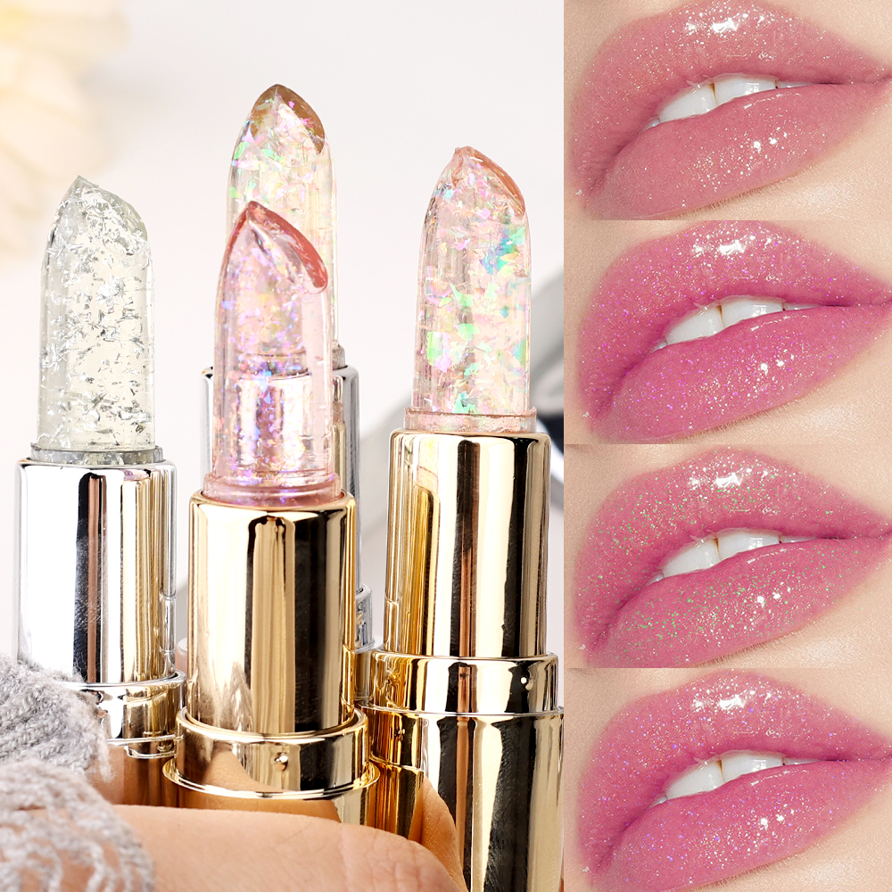 Soft Jelly Lipstick Color Changing Glossy Hydrating Moisturizing Glitter Lipstick Sparkling Sequins Turning Red Shade Lip Balm. 