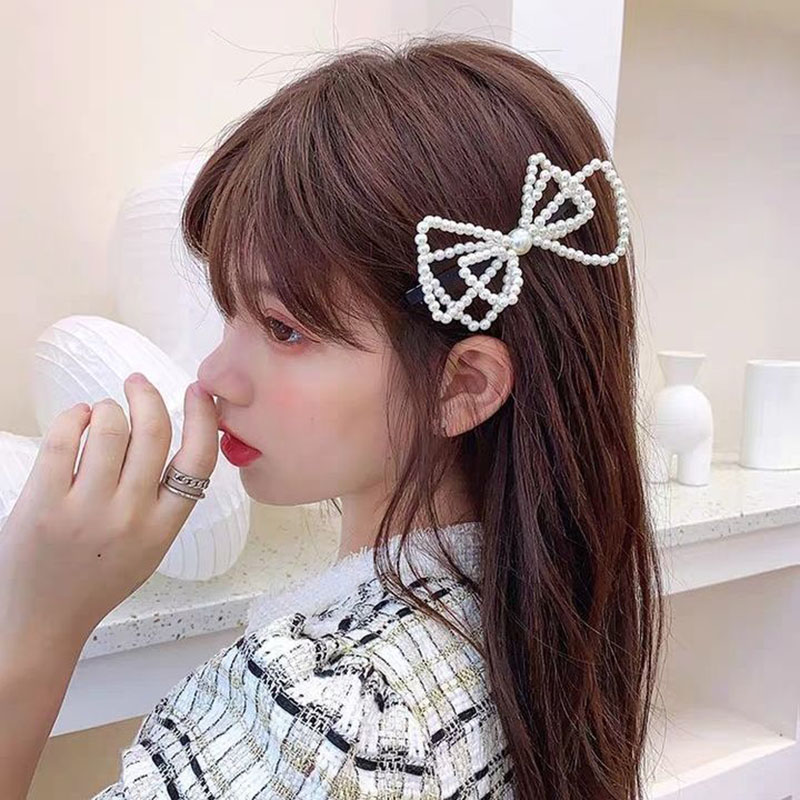 1pc Simple Bowknot Pearl Clip Headdress Girl Hairpin Exquisite Hair