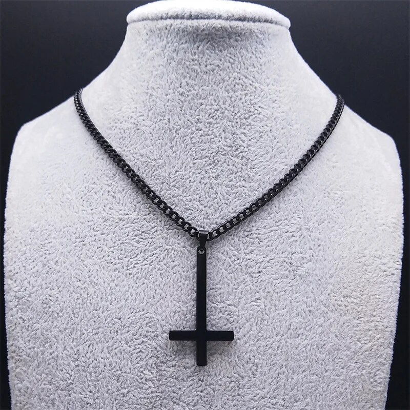 Stainless Steel Gothic Upside Down Cross Necklace Man Black Punk Inverted Cross Men Chains Goth Jewelry collar hombre N8006. 