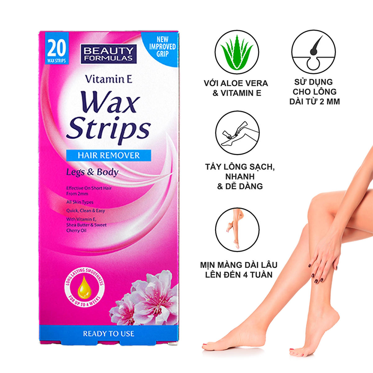 Vitamin E Hair Removal Wax Strips For Legs & Body - 20 Strips