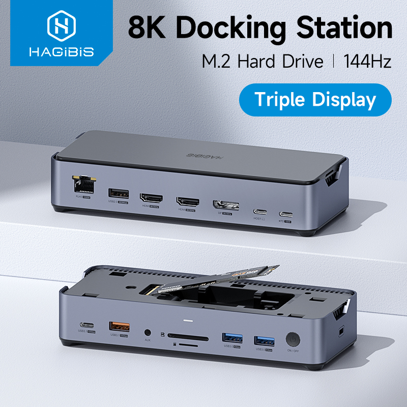 Hagibis USB C Docking Station Type C to 8K DP HDMI-Compatible Triple Display M.2 SSD PD3.0 RJ45 15 in 1 USB C HUB for PC Laptops. 