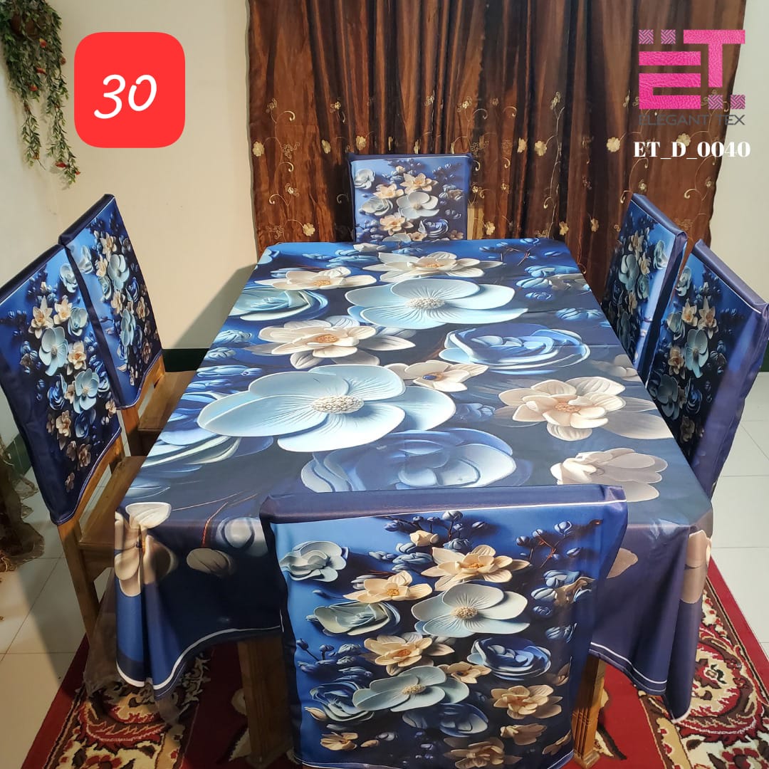 3d প্রিন্ট ডাইনিং টেবিল ক্লথ রানার এবং 06 পিস চেয়ার কভার সম্পূর্ণ সেট বিভিন্ন রঙের. 