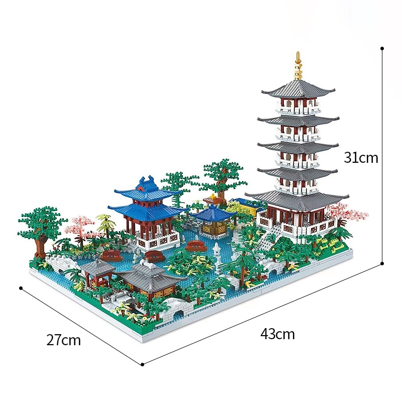 Chinese Architecture Micro Building Blocks Model Tower West Lake Trees DIY Diamond Bricks with Light Toys for Kids Adults Gift. 